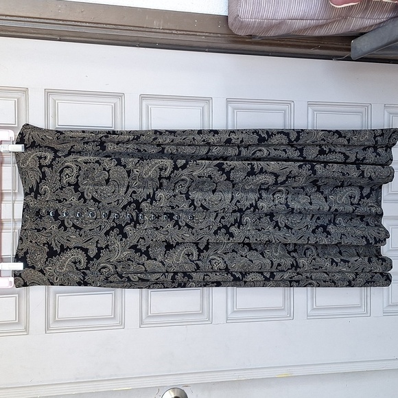 Susan Lawrence Retro Maxi Skirt SzM Paisley Knit Slit Front Black/Tan - Picture 1 of 7